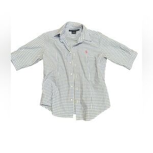 Ralph Lauren sport white, blue half sleeve button up shirt. Size 8